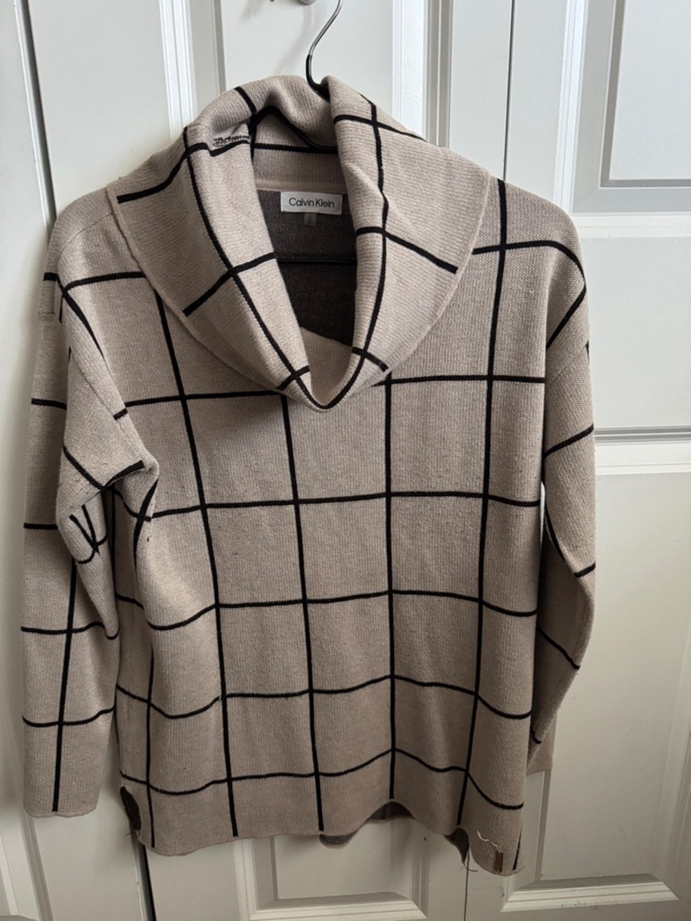 Calvin Klein Beige Sweater with Black Windowpane Stripes